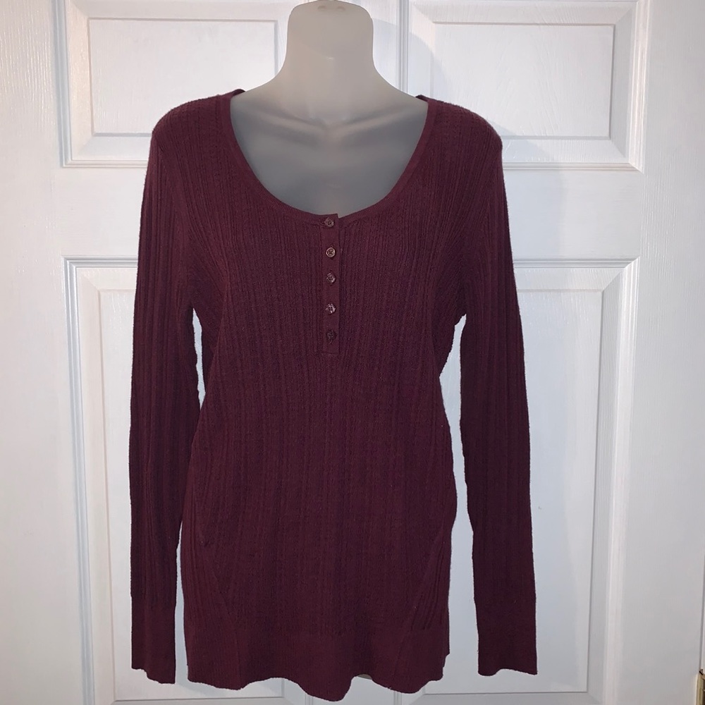 Women’s Misses L SONOMA Merlot Wine Henley Style Lightweight L/S Ribbed Sweater